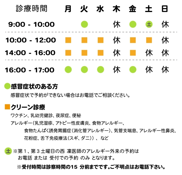 小児アレルギー科・小児科　診療時間